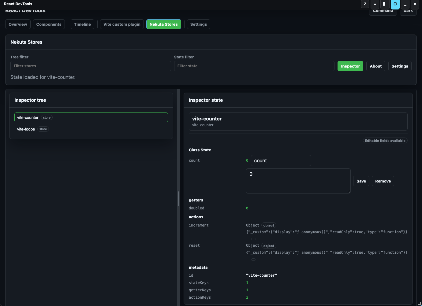 Nekuta store tree with the counter selected and an editable count field.