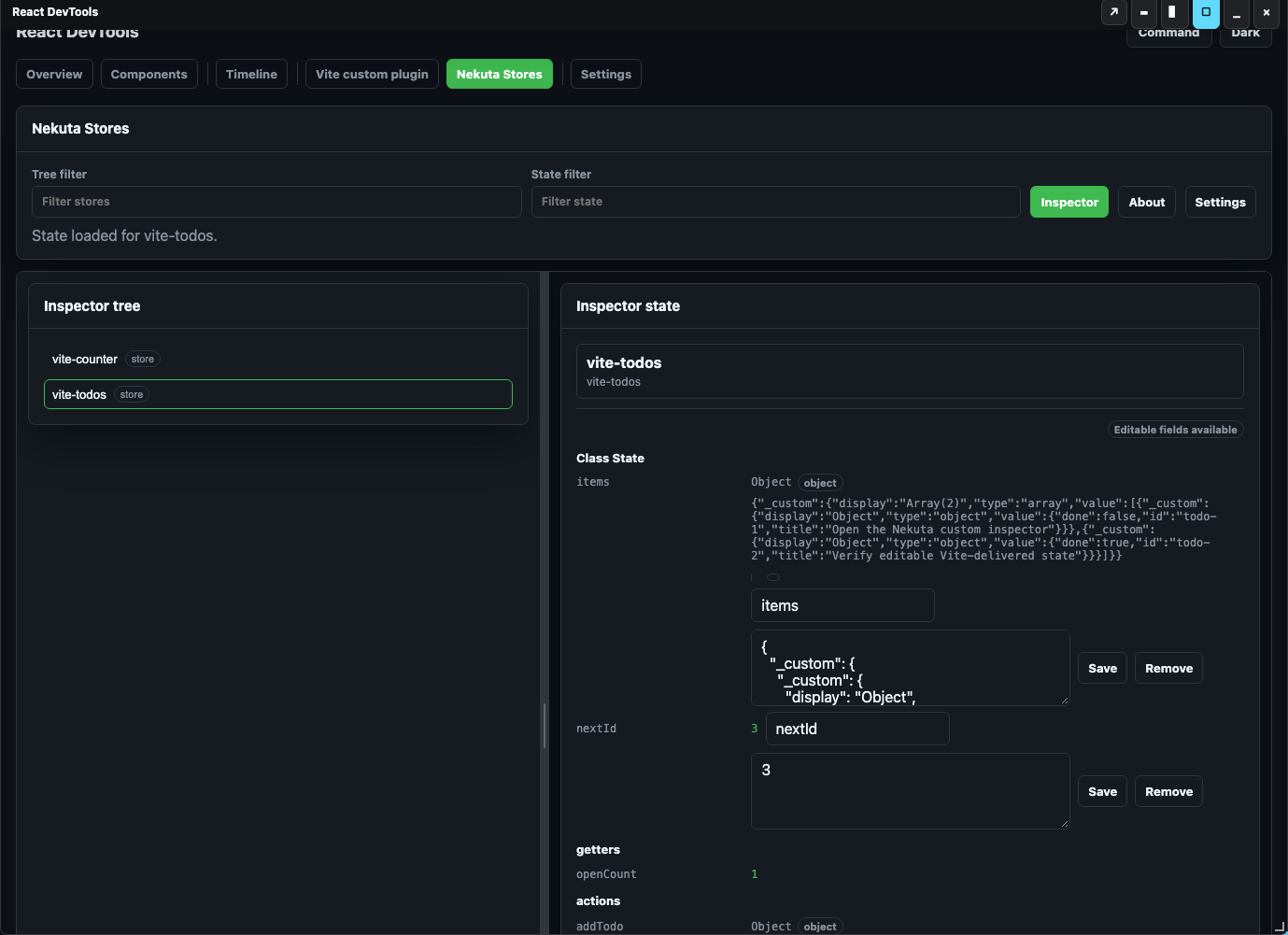 Todo-store selection showing its state entries in the Nekuta inspector.